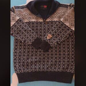 WINDFJORD NORWEGIAN SWEATER Black White 3/4 Zip 100% Wool fully lined size XL